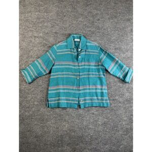 birchhill Women's Striped 100% Linen Button-Up Shirt Teal 3/4 Sleeve S